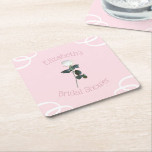 White Rose Petal Pink Bridal Shower Square Paper Coaster