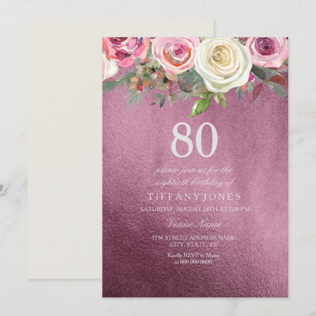 White Rose Pink Burgundy Foil 80th Birthday Invite (Front/Back)