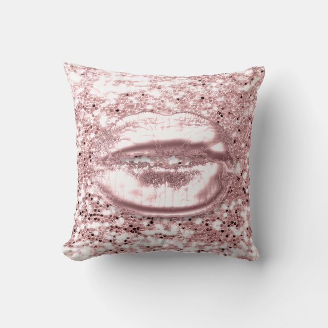 White Rose Pink Glitter Kiss Lips Makeup Spark Throw Pillow (Front)