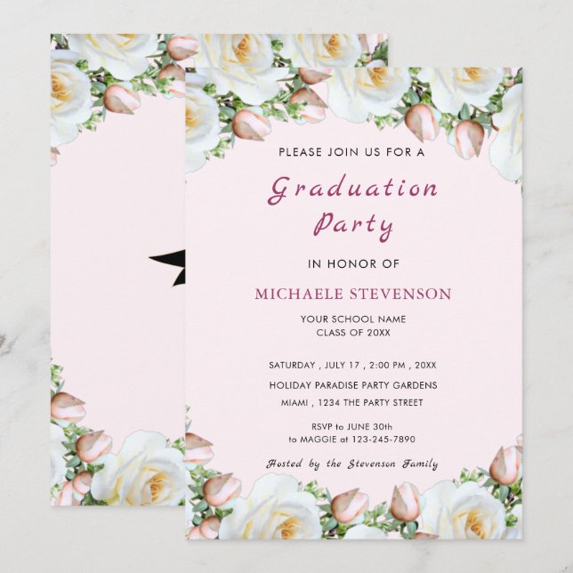 White Rose Pink Graduation Invitation Card (Front/Back)
