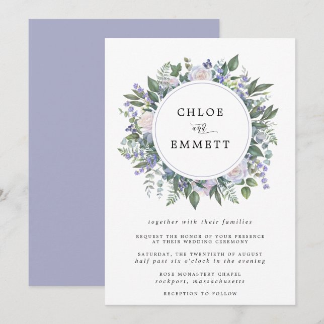 White Rose Purple and Blue Floral Wreath Wedding Invitation (Front/Back)
