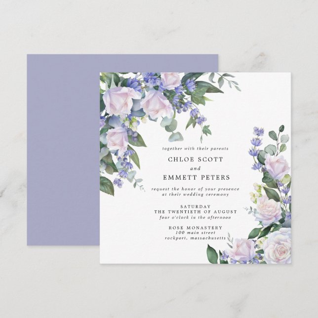 White Rose Purple Blue Floral Wedding Invitation (Front/Back)