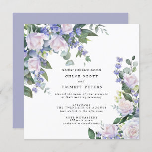 White Rose Purple Blue Floral Wedding Invitation