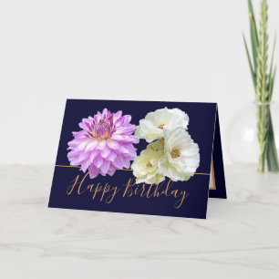 White Rose Purple Dahlia Modern Botanical Birthday Card