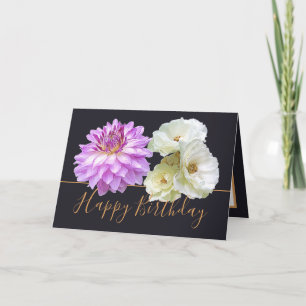 White Rose Purple Dahlia Modern Botanical Birthday Card