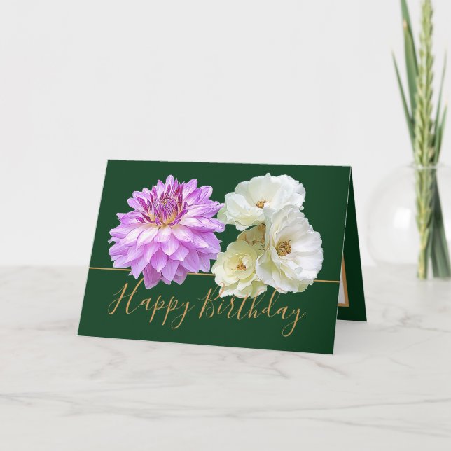 White Rose Purple Dahlia Modern Botanical Birthday Card (Front)