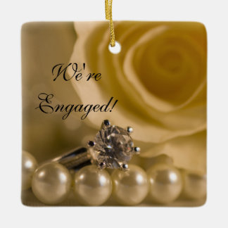White Rose, Ring and Pearls Engagement Ceramic Ornament