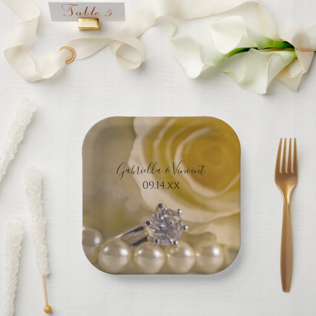 White Rose, Ring and Pearls Wedding Paper Plates (Wedding)