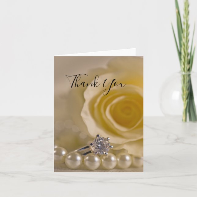 White Rose, Ring and Pearls Wedding Thank You Card (Front)