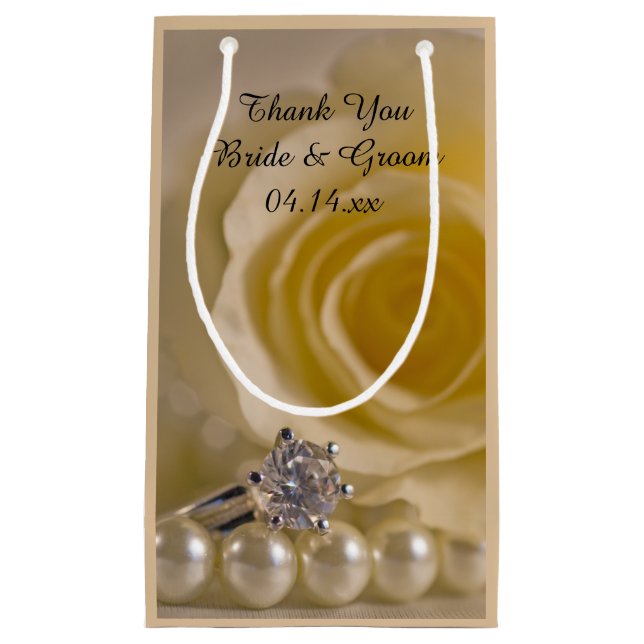 White Rose, Ring and Pearls Wedding Thank You Small Gift Bag (Front)
