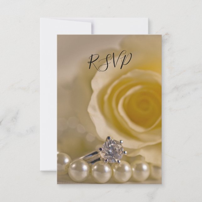 White Rose Ring Pearls Wedding RSVP Response Card (Front)
