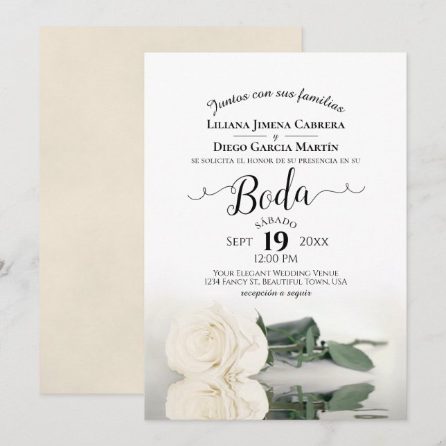 White Rose Romantic Spanish Language Boda Wedding Invitation (Front/Back)