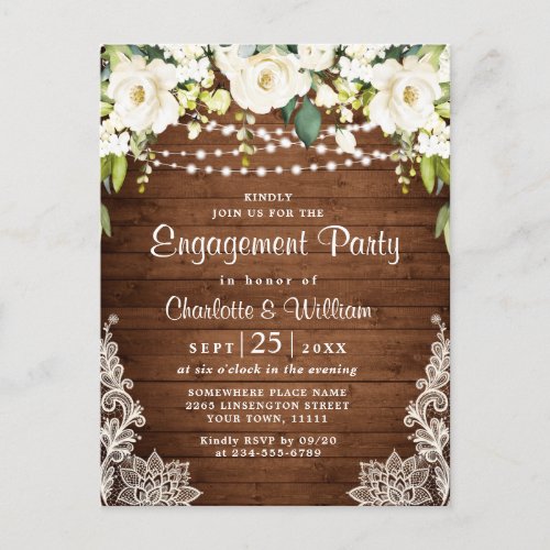 White Rose Rustic Engagement Party Invitation Card