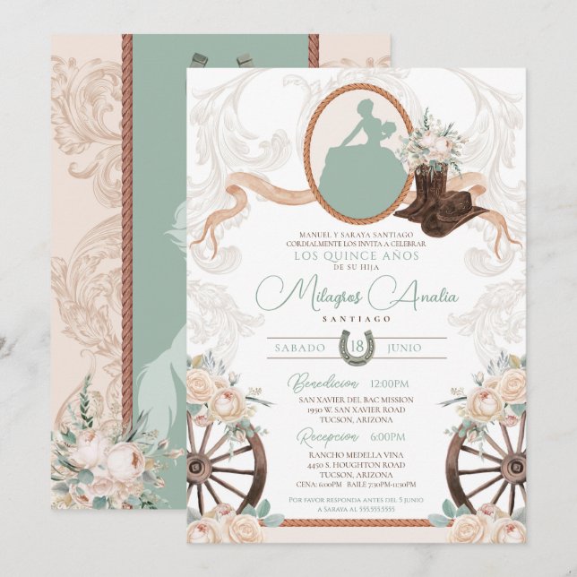 White Rose Sage Elegant Charro Western Quinceanera Invitation (Front/Back)