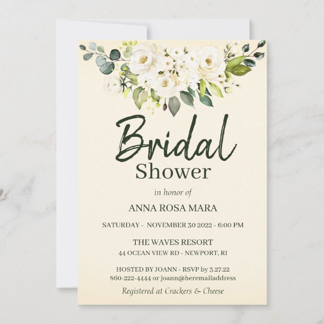 *~* White Rose Soft Yellow Bridal Shower Invitation (Front)
