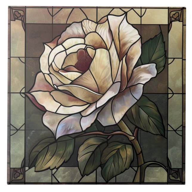 White Rose Stained Glass Mosaic Ceramic Tile (Front)