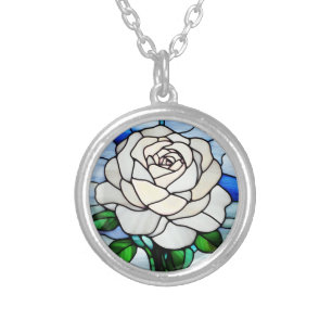 White Rose Stained Glass Silver Plated Necklace