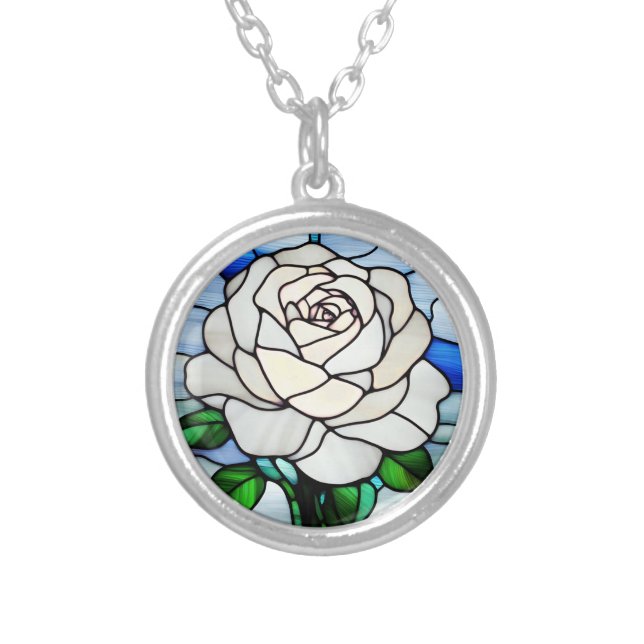 White Rose Stained Glass Silver Plated Necklace (Front)