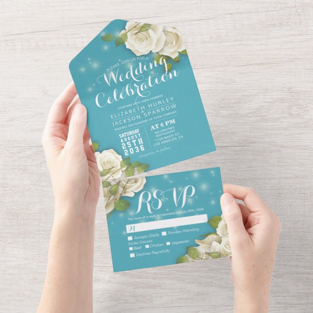 White Rose String Light Blue Gradient Wedding RSVP All In One Invitation (Tearaway)