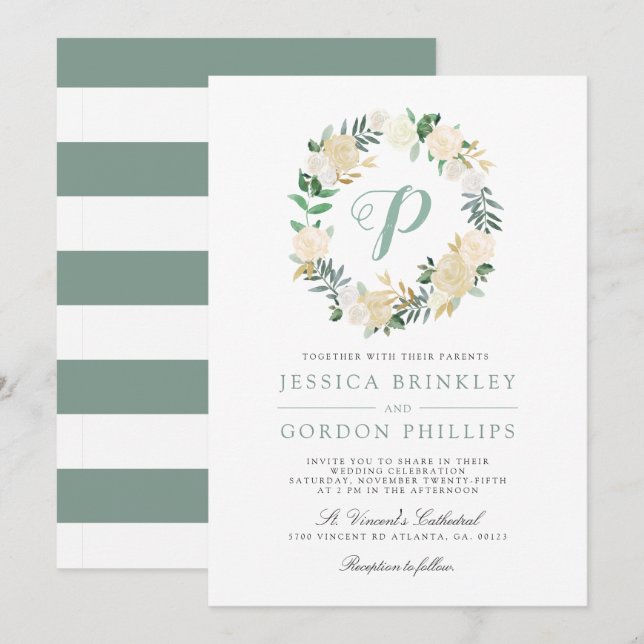 White Rose Striped | Solo Monogram Wedding Invite (Front/Back)