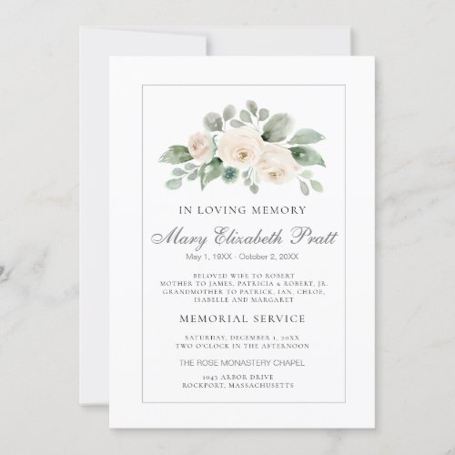 White Rose Watercolor Funeral Service Invitation