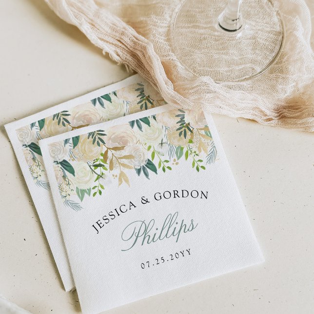 White Rose Watercolor | Wedding Cocktail Napkins (Creator Uploaded)