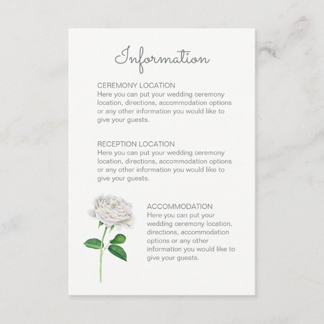 White Rose Wedding Information Cards (Front)