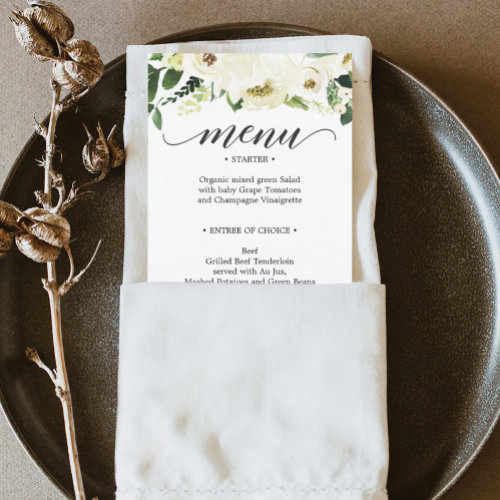 White Rose Wedding Menu or Bridal Shower Menu Card