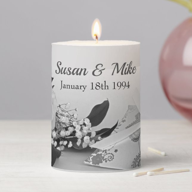 White Rose Wedding or Anniversary Personalized  Pillar Candle (In Situ)