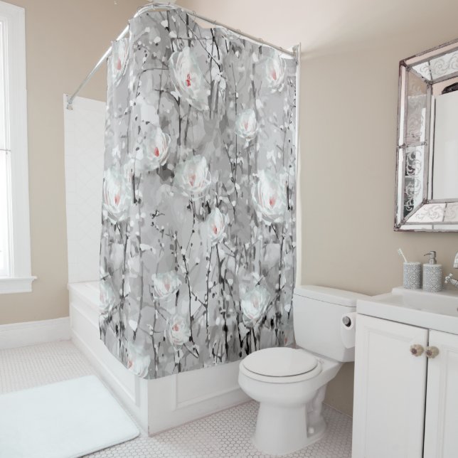 White rose winter floral gray white pattern shower curtain (In Situ)