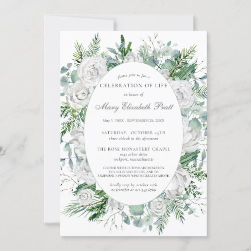 White Rose Winter Greenery Botanical Funeral  Invitation