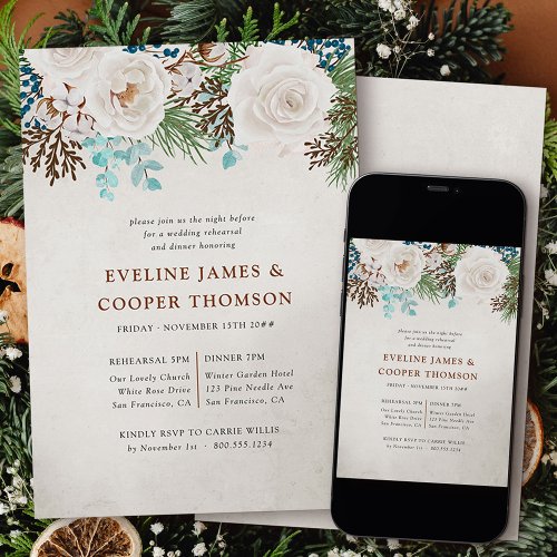 White Rose Winter Wedding Rehearsal Dinner Invitation