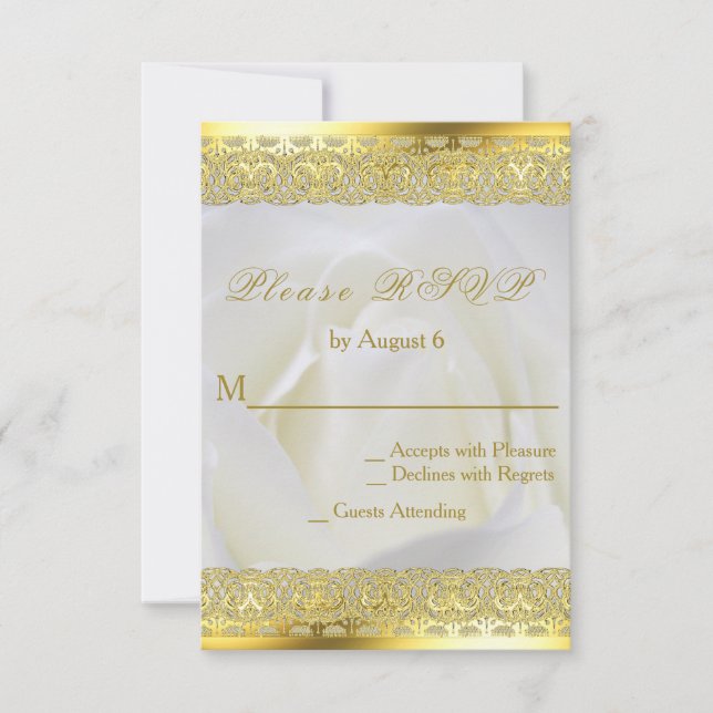 White Rose with Gold Lace Wedding RSVP Card (Front)