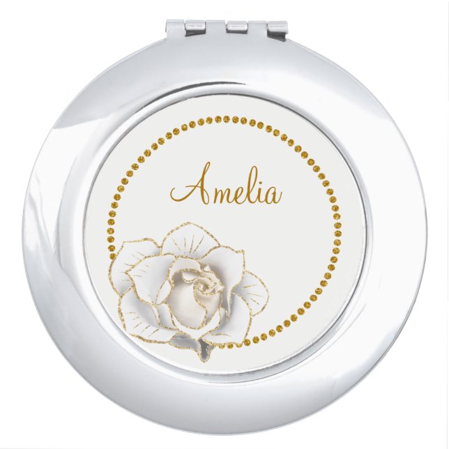 White Rose with Gold Trim Compact Mirror (Front)