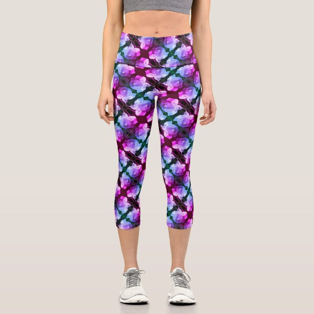White Rose With Raindrops Abstract Floral Art    Capri Leggings (Front)