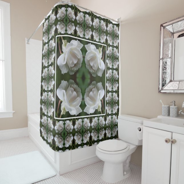 White Rose With Raindrops Abstract Shower Curtain (In Situ)