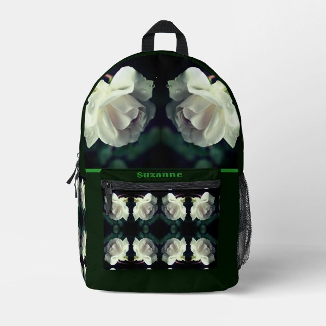 White Rose With Raindrops Personalized Printed Backpack (Front)