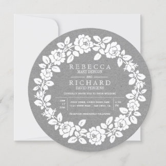 White rose wreath gray kraft paper wedding invitation