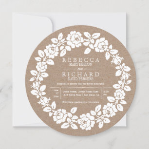 White rose wreath kraft paper wedding invitation