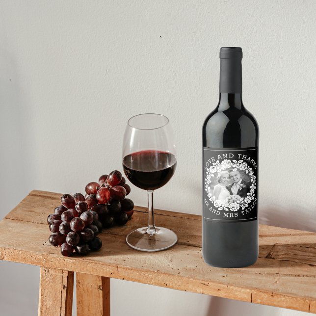 White rose wreath Thank you Mr & Mrs photo wedding Wine Label (Creator Uploaded)
