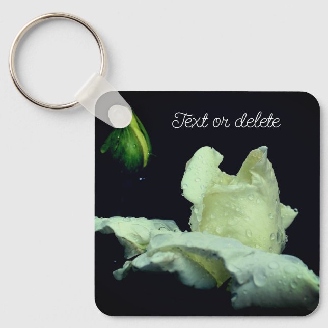 White Rosebud Flower Personalized Keychain (Front)