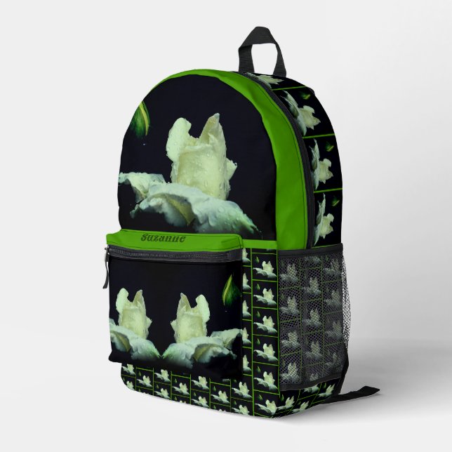 White Rosebud Flower Personalized Printed Backpack (Back Corner Right)