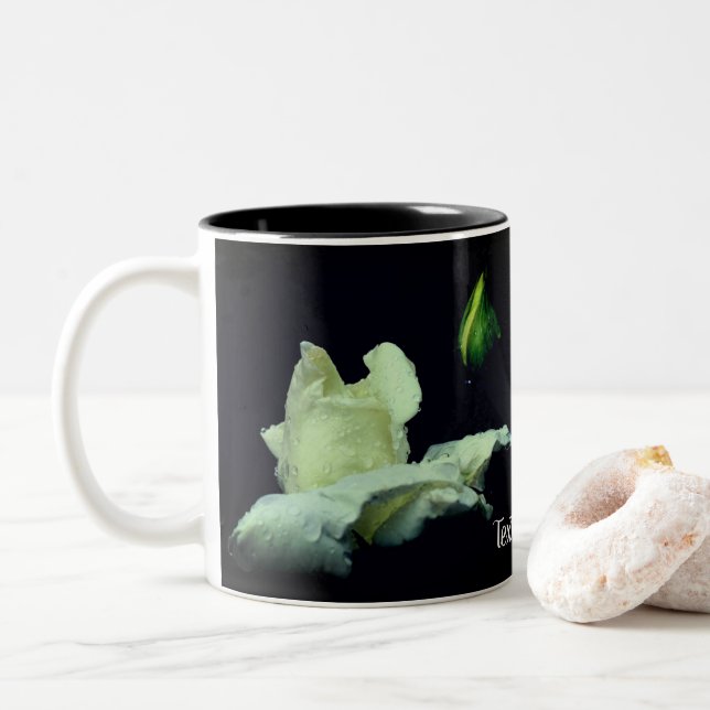 White Rosebud Raindrops Personalized Two-Tone Coffee Mug (With Donut)
