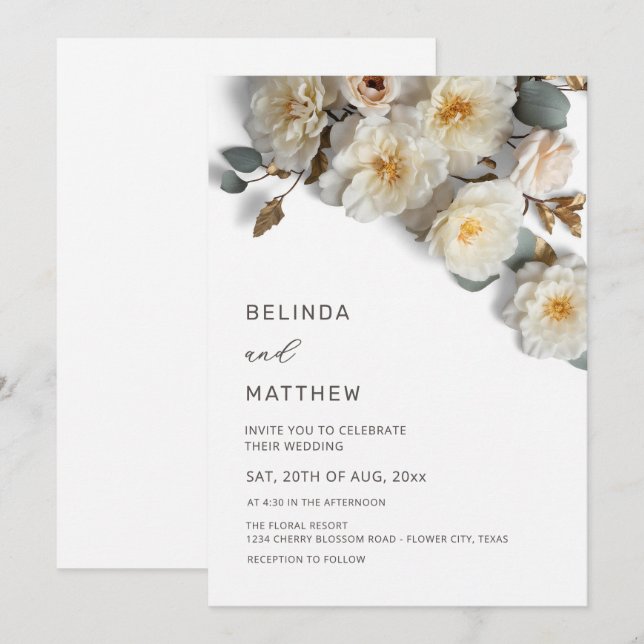 White Roses 3D Flowers Elegant White Wedding Invitation (Front/Back)