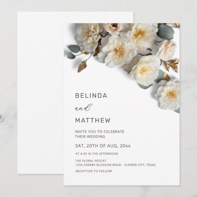 White Roses 3D Flowers Elegant White Wedding Invitation (Front/Back)