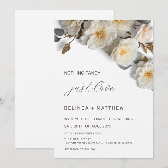White Roses 3D Flowers Elegant White Wedding Invitation (Front/Back)