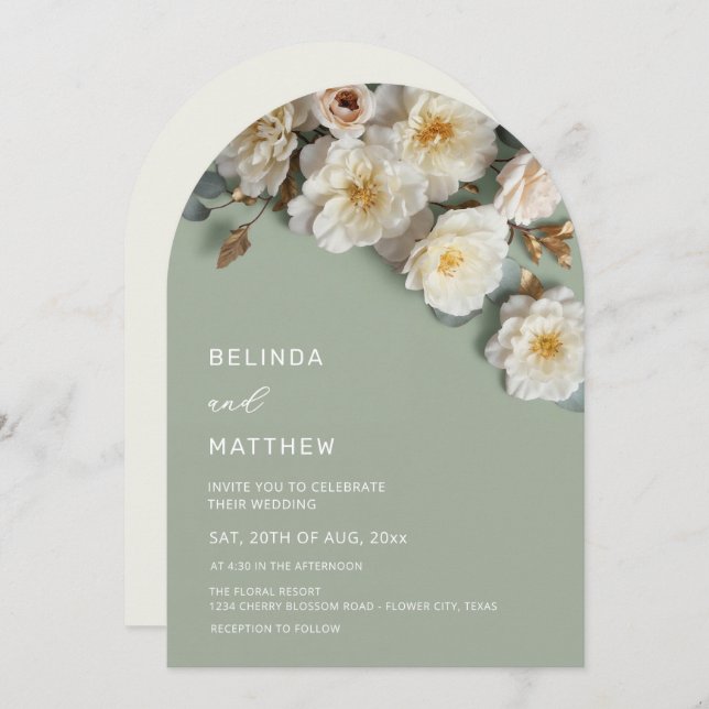 White Roses 3D Flowers Modern Arch Wedding Invitation (Front/Back)