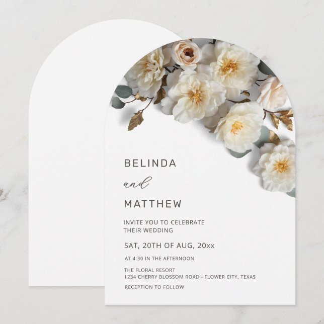 White Roses 3D Flowers Modern Arch Wedding Invitation (Front/Back)