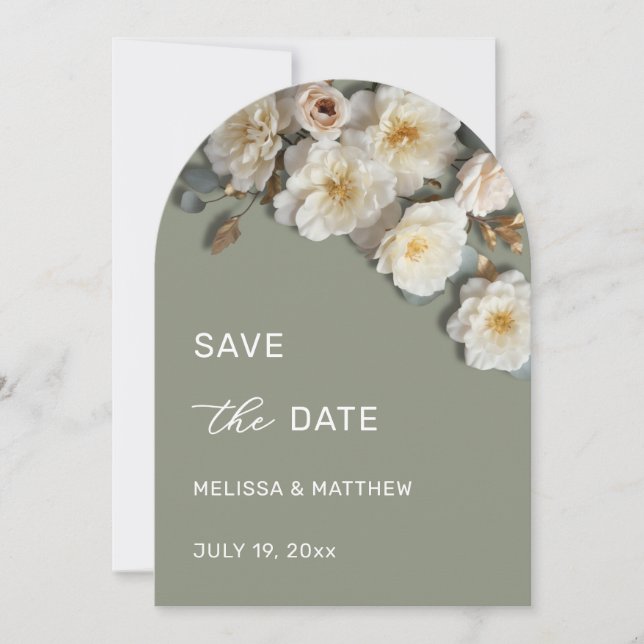 White Roses 3D Flowers Save The Date (Front)