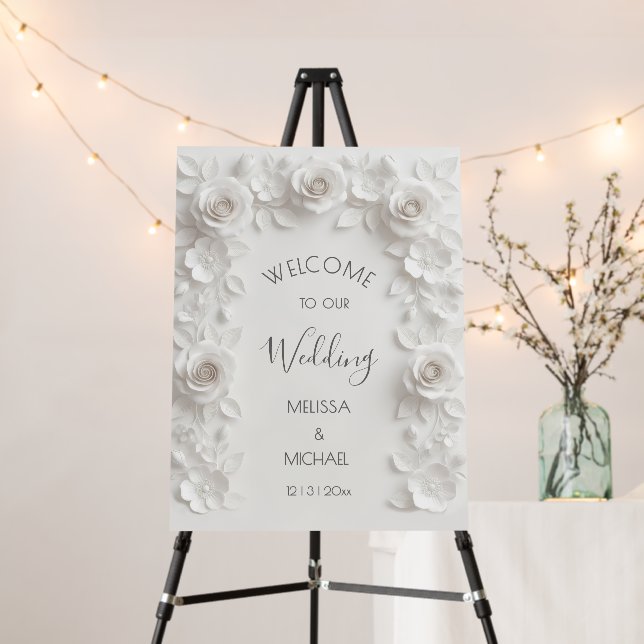 White Roses 3D Flowers Wedding Welcome Foam Board (In Situ (Stand))